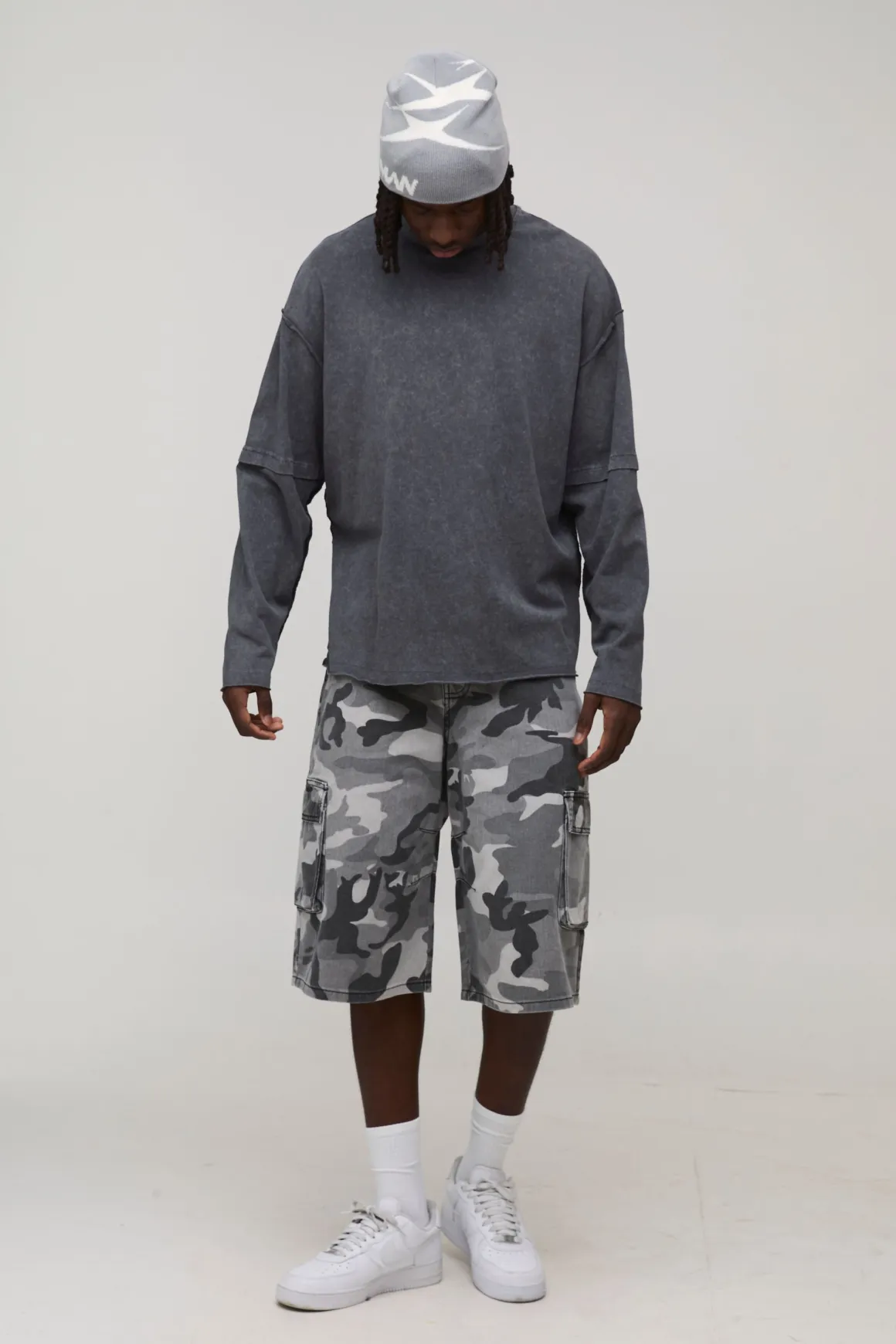 Short Long Camouflage Lavé à Plis au Genou