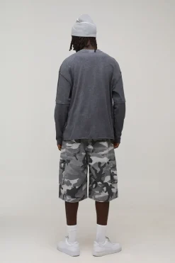 Short Long Camouflage Lavé à Plis au Genou