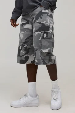 Short Long Camouflage Lavé à Plis au Genou