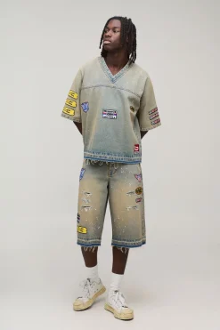 boohooMAN Short Long Délavé avec Badge Moto<Homme Jorts|Denim
