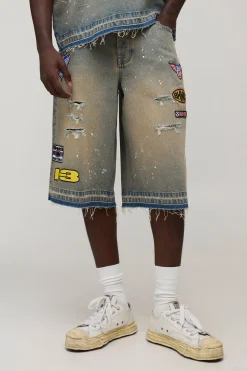 boohooMAN Short Long Délavé avec Badge Moto<Homme Jorts|Denim