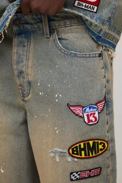 boohooMAN Short Long Délavé avec Badge Moto<Homme Jorts|Denim