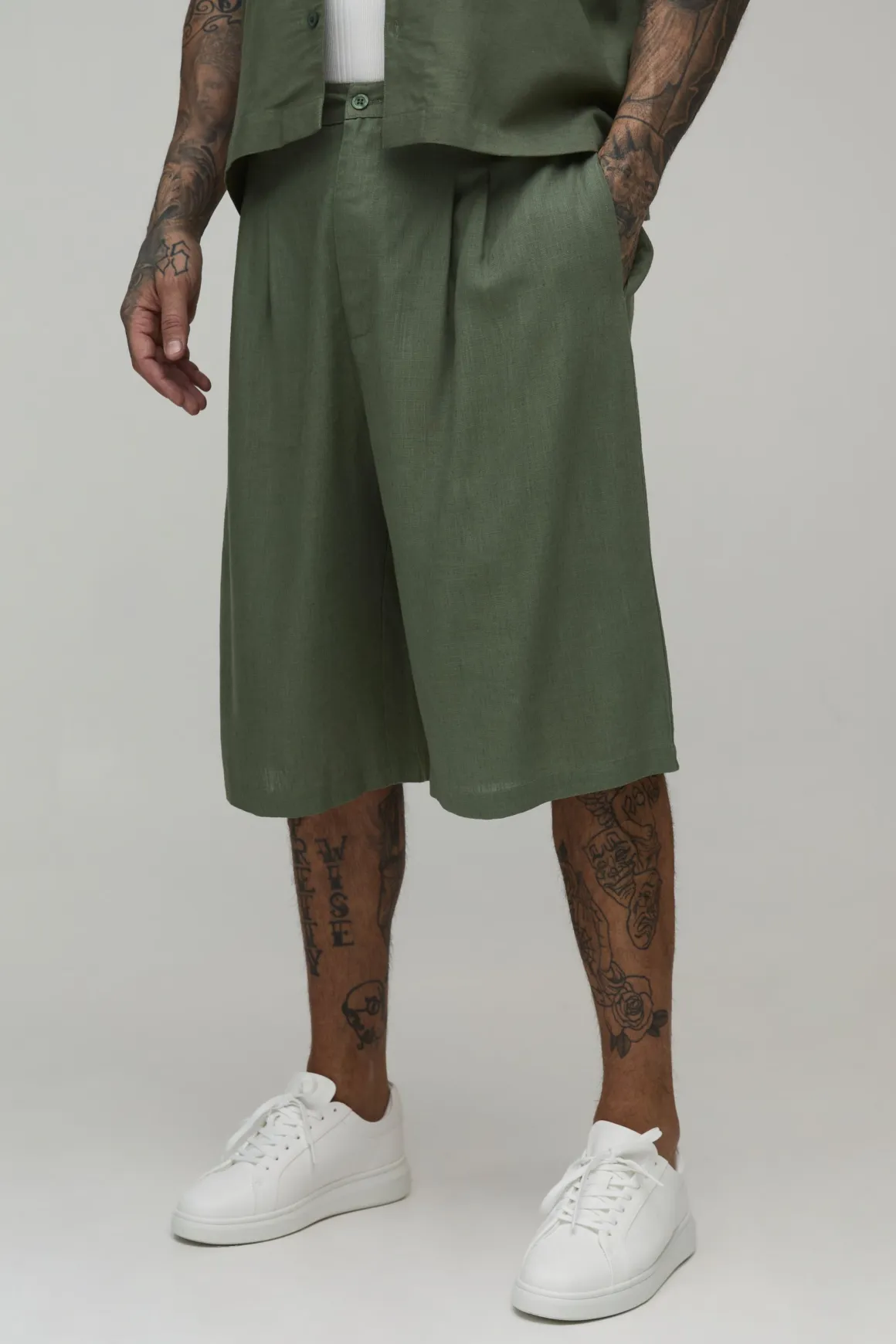 Short Long Mi-taille Mi-taille Décontracté Coupe Longue Mélange De Lin Pour Homme Grand