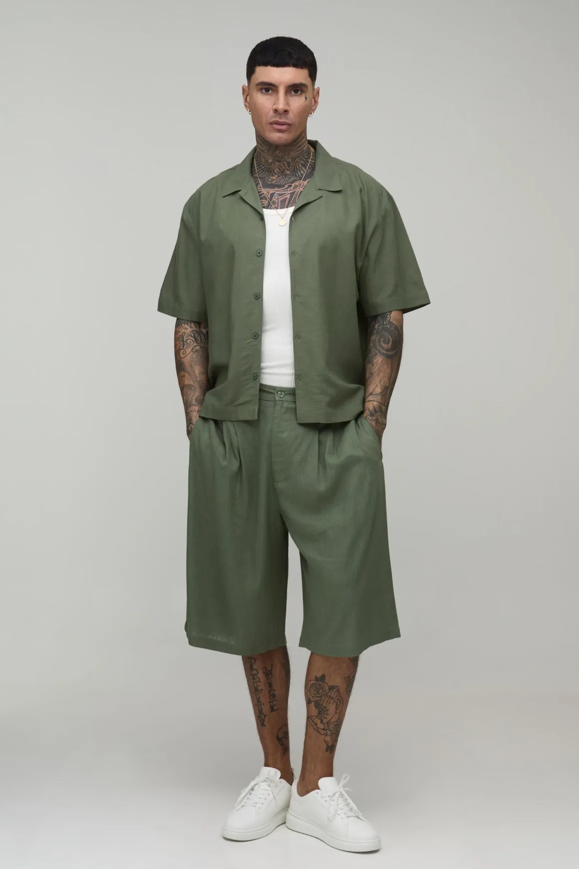 Short Long Mi-taille Mi-taille Décontracté Coupe Longue Mélange De Lin Pour Homme Grand