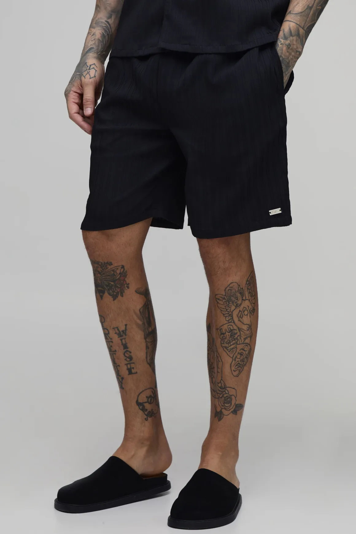 Short Plissé Texturé Coupe Ample Taille Haute