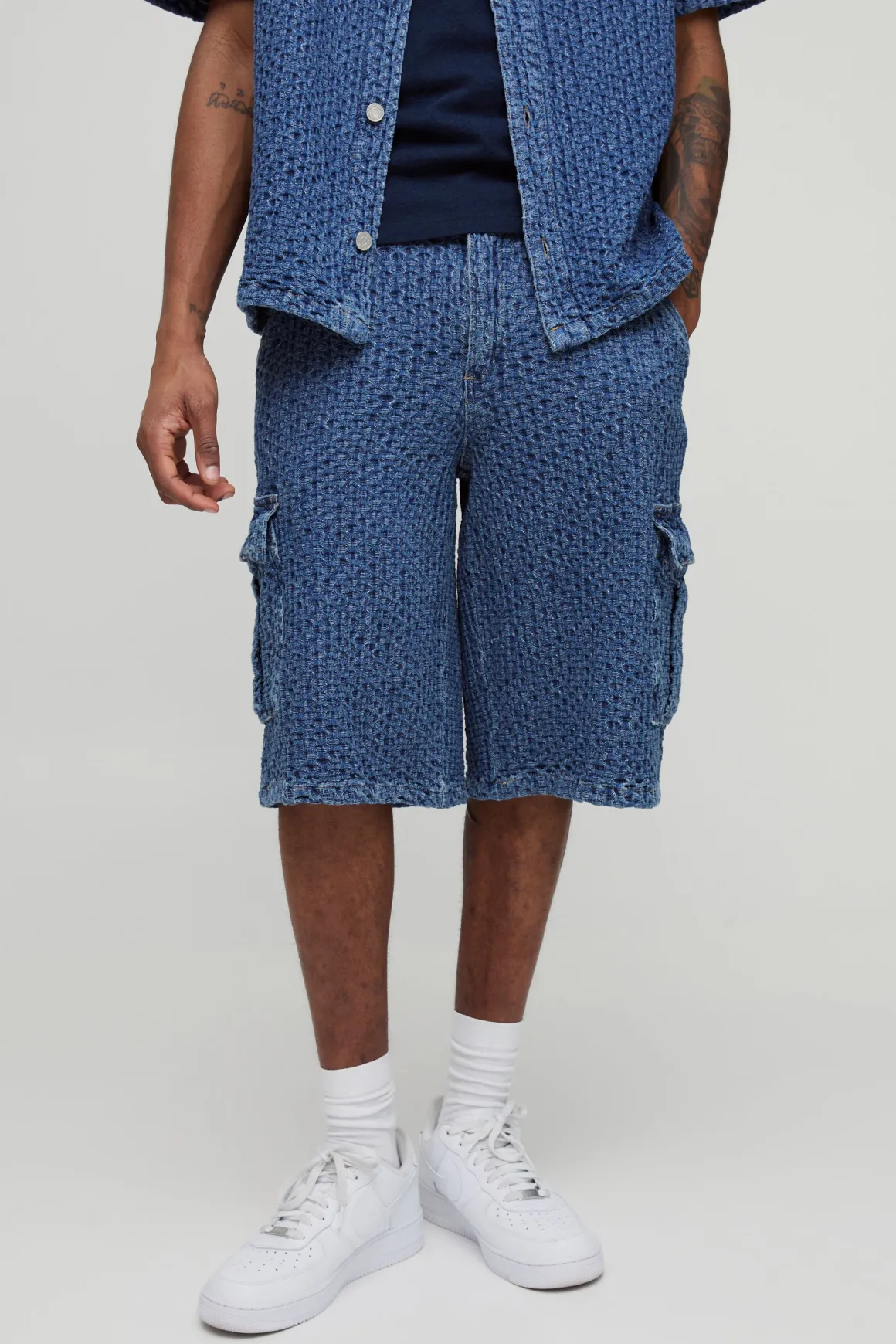 Shorts cargo en denim texturé pour hommes grands à coupe décontractée