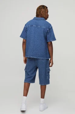 Shorts cargo en denim texturé pour hommes grands à coupe décontractée