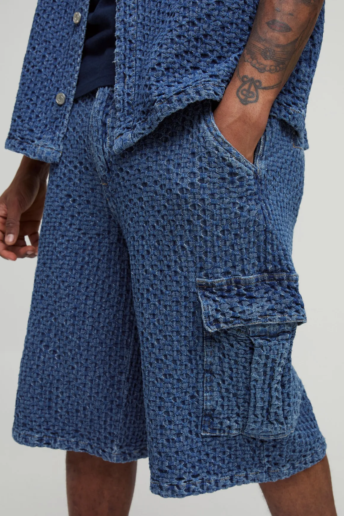 Shorts cargo en denim texturé pour hommes grands à coupe décontractée