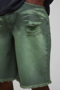 Shorts en denim déchiré à teinte verte, coupe décontractée