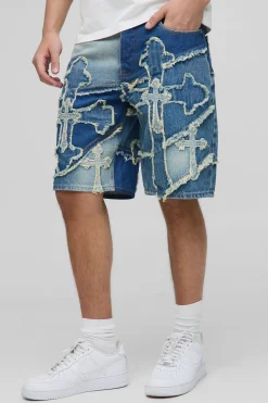 Shorts en denim décontractés à appliqué en croix sur tout le tissu