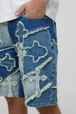 Shorts en denim décontractés à appliqué en croix sur tout le tissu