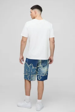 Shorts en denim décontractés à appliqué en croix sur tout le tissu