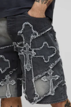 boohooMAN Shorts en denim décontractés à appliques croisées sur toute la surface<Homme Denim|Denim