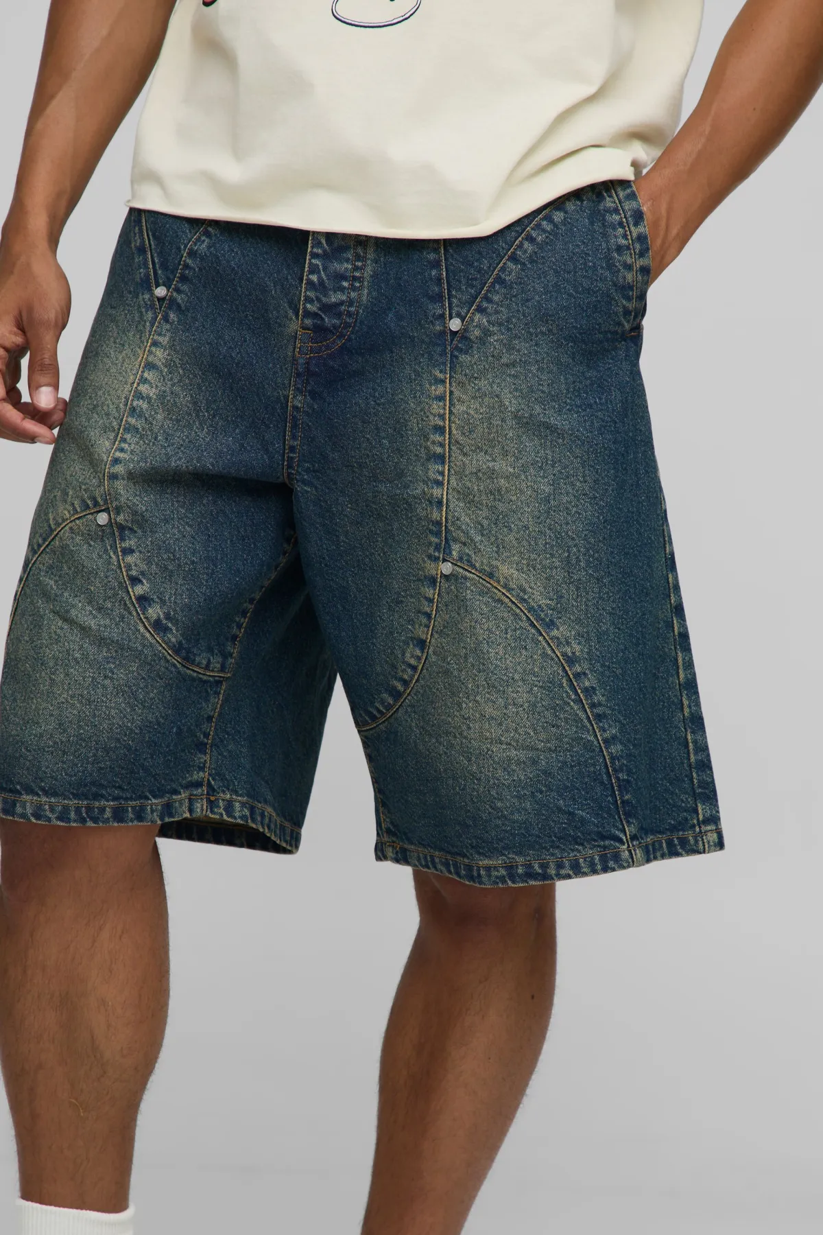 boohooMAN Shorts en denim vintage lavé à panneaux parachute<Homme Denim|Denim