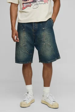 boohooMAN Shorts en denim vintage lavé à panneaux parachute<Homme Denim|Denim