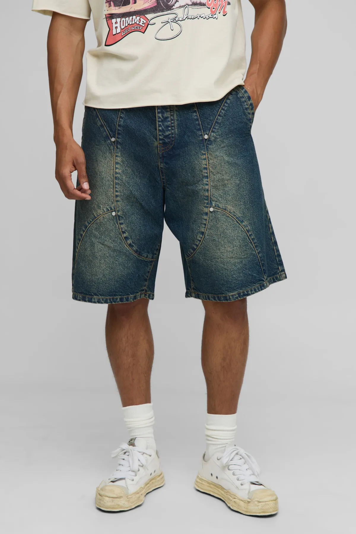 boohooMAN Shorts en denim vintage lavé à panneaux parachute<Homme Denim|Denim