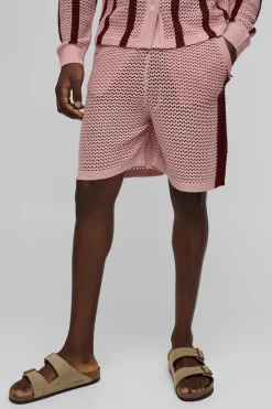 Shorts tricotés à couture ouverte, coupe décontractée, bande latérale