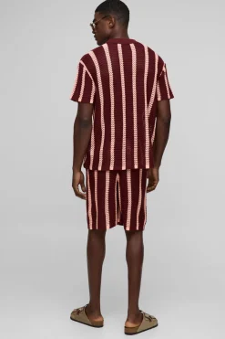 Shorts tricotés à rayures, coupe décontractée longue, points ouverts