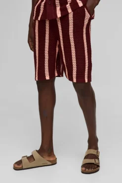 Shorts tricotés à rayures, coupe décontractée longue, points ouverts