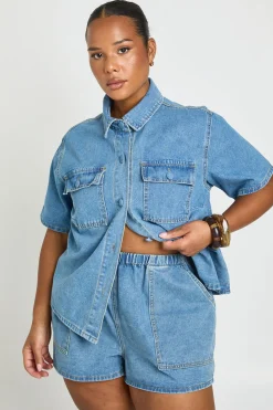 boohoo Short Évasé En Denim Taille Élastiquée Grande Taille<Femme Denim|Shorts