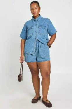 boohoo Short Évasé En Denim Taille Élastiquée Grande Taille<Femme Denim|Shorts