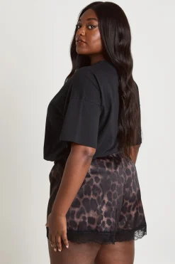 boohoo Short Évasé Grande Taille Tissé Léopard Avec Dentelle<Femme Imprimé Léopard|Satin Et Dentelle