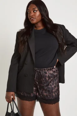 boohoo Short Évasé Grande Taille Tissé Léopard Avec Dentelle<Femme Imprimé Léopard|Satin Et Dentelle