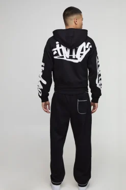 Shrunken Fit Graffiti Applique Zip Through Hoodie