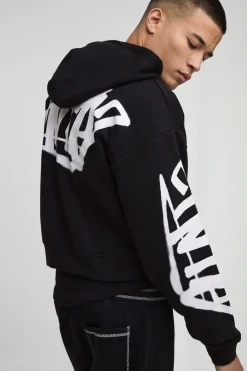 Shrunken Fit Graffiti Applique Zip Through Hoodie