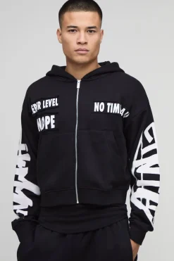 Shrunken Fit Graffiti Applique Zip Through Hoodie