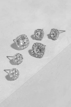 boohoo Silver Square Diamante Stud 3 Pack<Femme Boucles D'Oreilles|Robes Noires Nouées