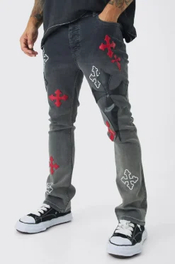 Skinny Stretch Flare Cross Applique Jeans