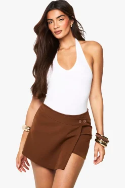 boohoo Skort enveloppant boutonné tissé<Femme Looks Chocolat|Shorts