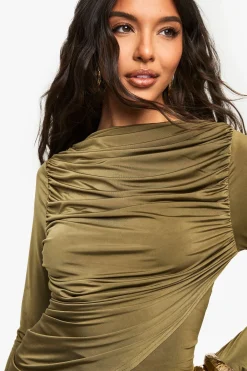 boohoo Slinky Haut à Manches Longues à Devant Ruche<Femme Tops