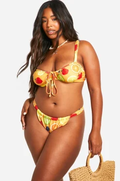 Slip Bikini Grande Taille à Imprimé Fruits et Coupe Haute
