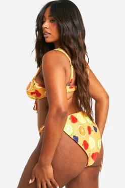 Slip Bikini Grande Taille à Imprimé Fruits et Coupe Haute