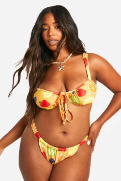 Slip Bikini Grande Taille à Imprimé Fruits et Coupe Haute