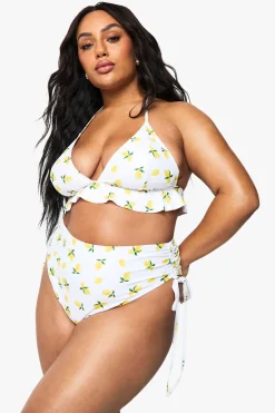 Slip bikini taille haute à imprimé citron pour grandes tailles
