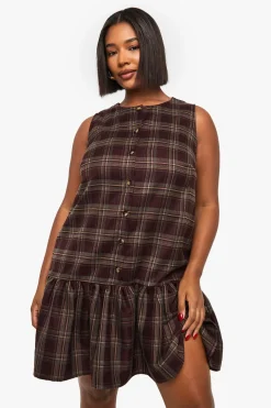 boohoo Smock Plus à carreaux, boutonné et ourlet tombant<Femme Looks Chocolat|Looks De Rentrée