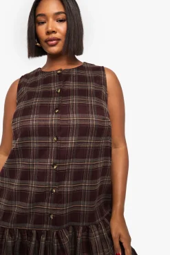 boohoo Smock Plus à carreaux, boutonné et ourlet tombant<Femme Looks Chocolat|Looks De Rentrée