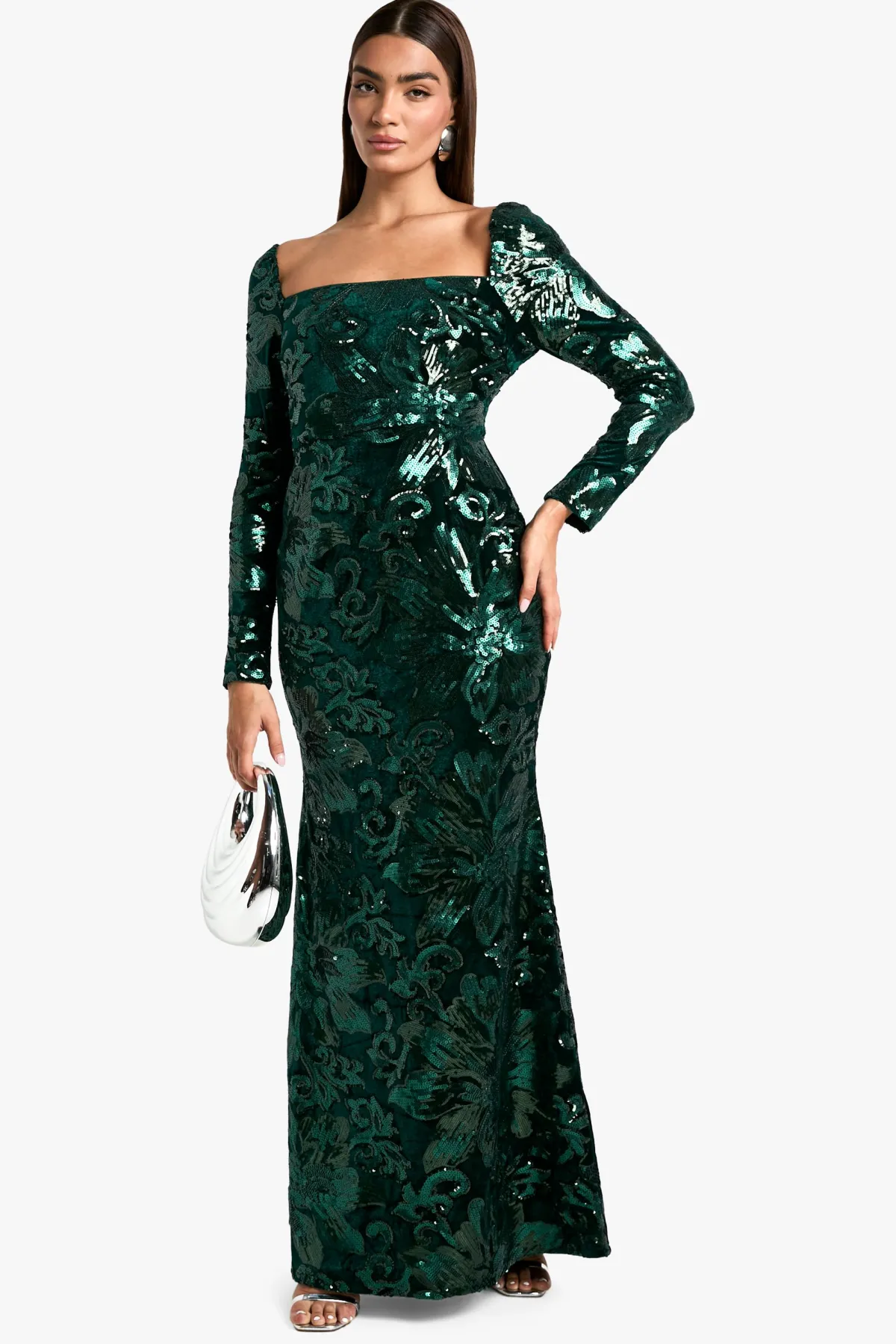 boohoo Square Neck Demask Sequin Maxi Dress<Femme Robes Bal De Promo|Robes À Manches Longues