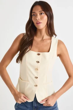 Square Neck Gold Button Waistcoat → Gilet à boutons dorés et col carré
