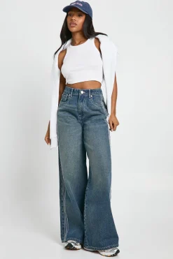 Stitched Detail High Waist Wide Leg Jean