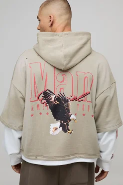 boohooMAN Stone Oversized Boxy Washed Eagle Faux Layer Loopback Printed Hoodie<Homme Sweats À Capuche Et Sweatshirts|Sweats À Capuche Et Sweats