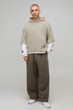 boohooMAN Stone Oversized Boxy Washed Eagle Faux Layer Loopback Printed Hoodie<Homme Sweats À Capuche Et Sweatshirts|Sweats À Capuche Et Sweats