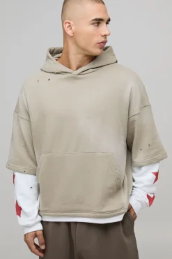 boohooMAN Stone Oversized Boxy Washed Eagle Faux Layer Loopback Printed Hoodie<Homme Sweats À Capuche Et Sweatshirts|Sweats À Capuche Et Sweats