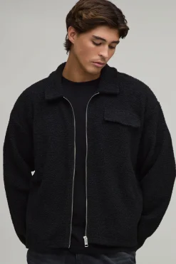 boohooMAN Surchemise Ample Oversize Harrington En Synthétique Borg Avec Fermeture Éclair<Homme Chemises