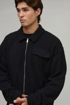 boohooMAN Surchemise Ample Oversize Harrington En Synthétique Borg Avec Fermeture Éclair<Homme Chemises