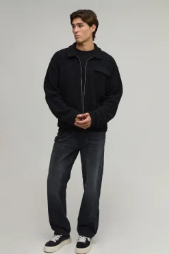 boohooMAN Surchemise Ample Oversize Harrington En Synthétique Borg Avec Fermeture Éclair<Homme Chemises