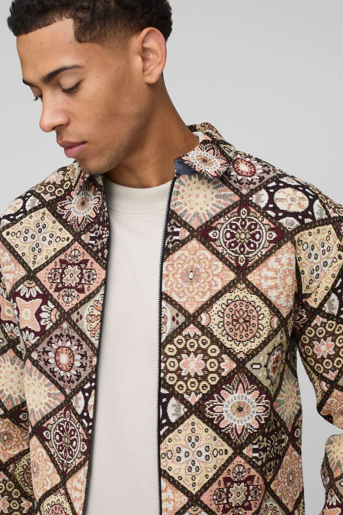 boohooMAN Surchemise en tapisserie diamant à manches longues avec fermeture éclair<Homme Chemises